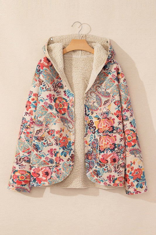 Women Floral Printed Sherpa Lined Hooded Jacket | Zarnesh