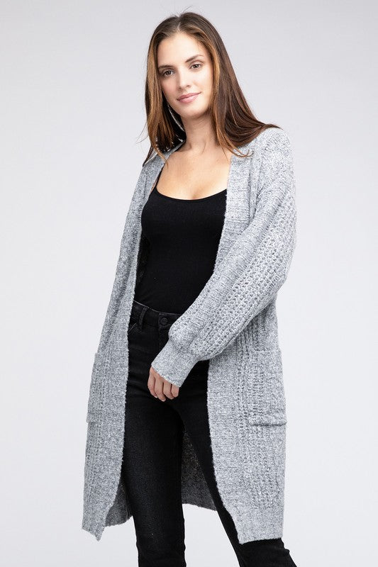 Women Twist Knitted Open Front Cardigan with Pockets | Zarnesh