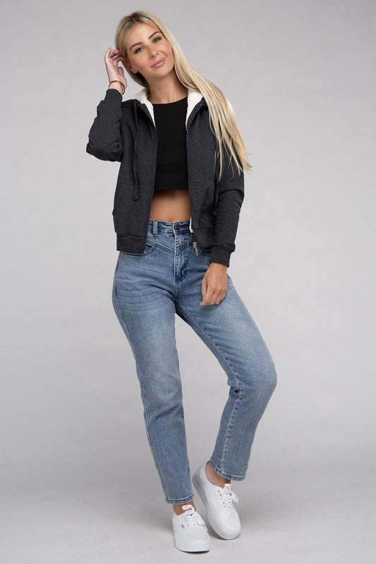 Women Fuzzy Trim Zip-Up Crop Sweater-Style Hoodie | Zarnesh