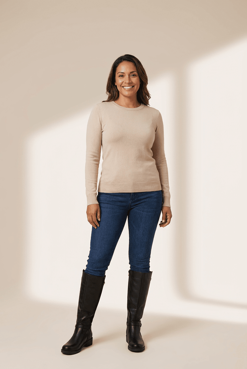 Woman wearing a beige sweater, blue jeans, and black boots on a beige background