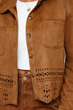 Brown suede jacket with cut-out details on a white background