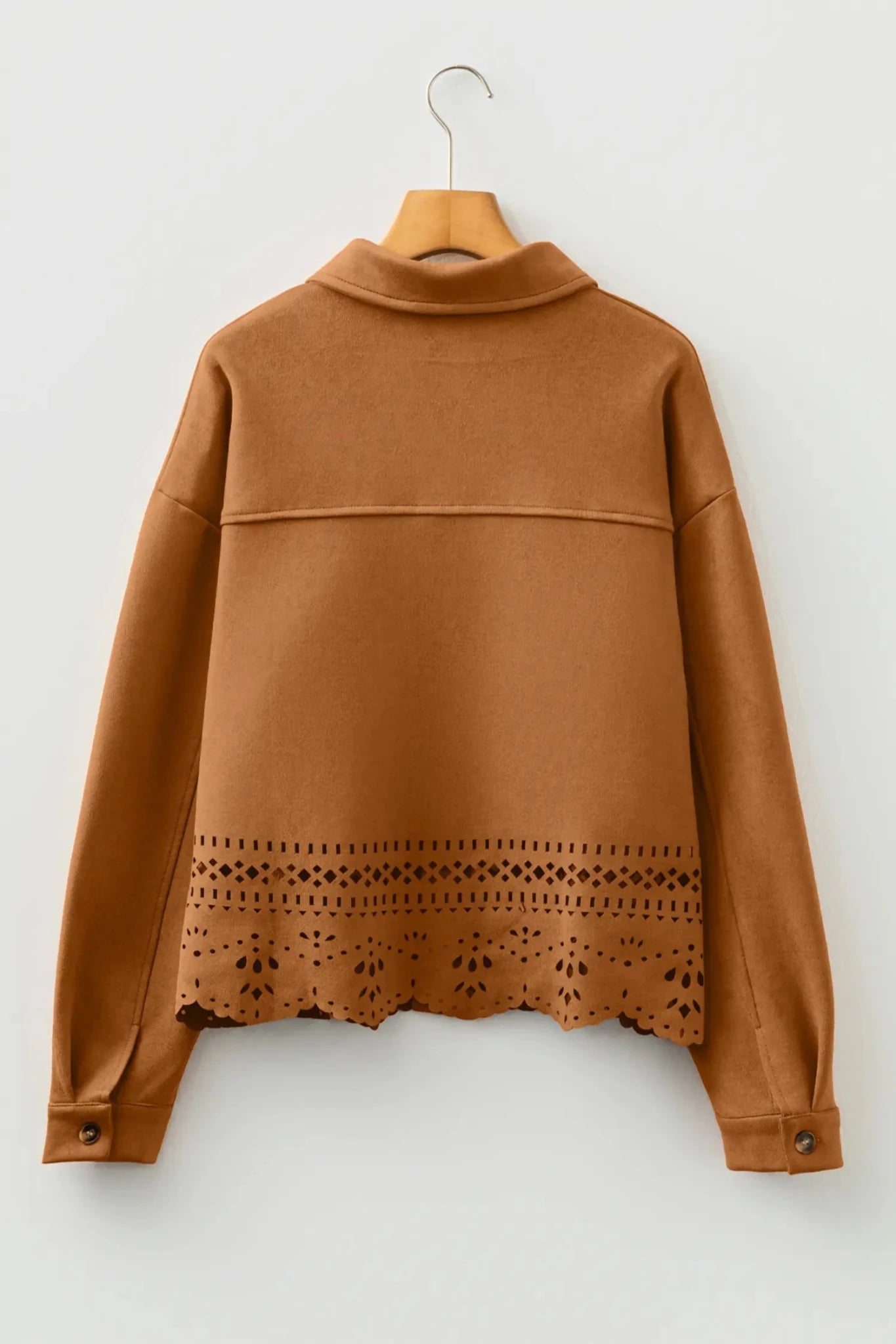 Faux Suede Laser Cut Hollowed Retro Shacket | Zarnesh