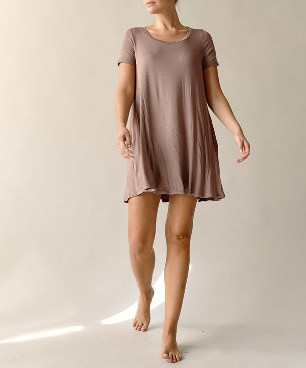 Women Bamboo Classic U Neck Draped Short Sleeve Mini Dress Zarnesh