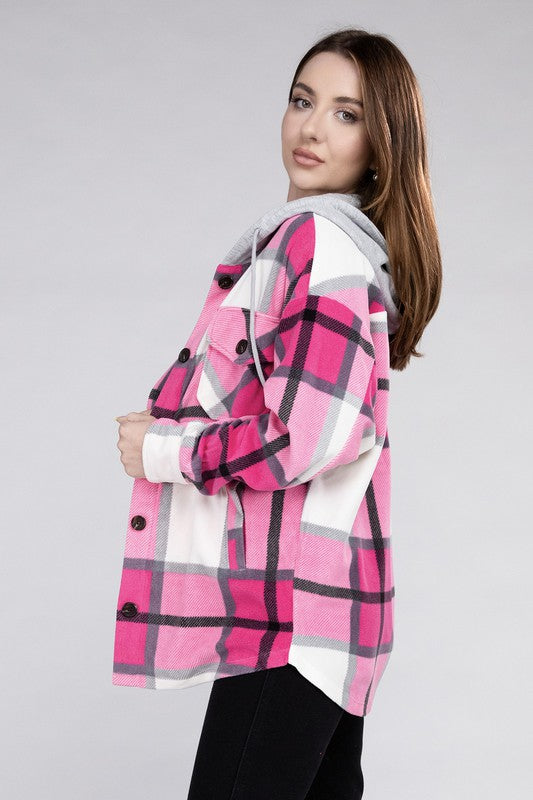 Women Plaid Drawstring Hooded Soft Fleece Shacket | Zarnesh