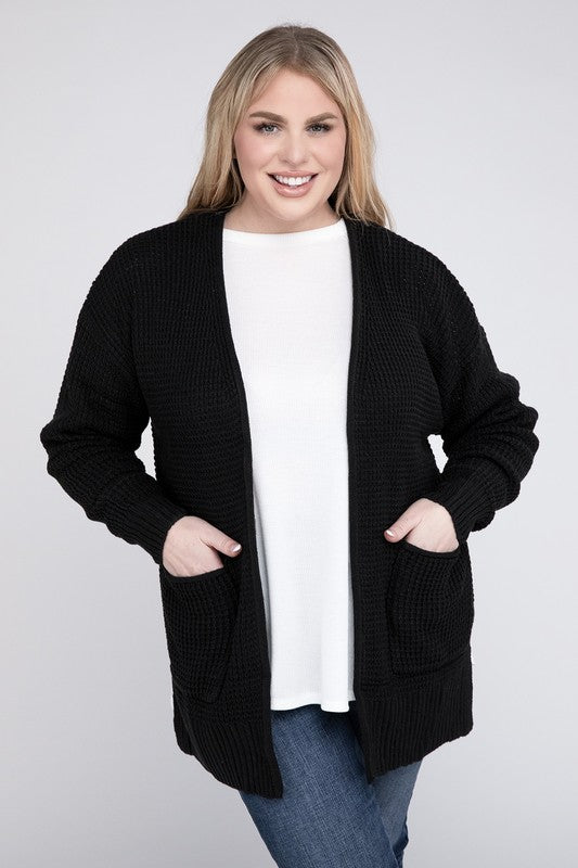 Women Plus Low Gauge Waffle Open Cardigan Sweater | Zarnesh