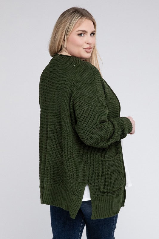 Women Plus Low Gauge Waffle Open Cardigan Sweater | Zarnesh