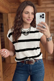 White Stripe Knit Western Short Sleeve Sweater