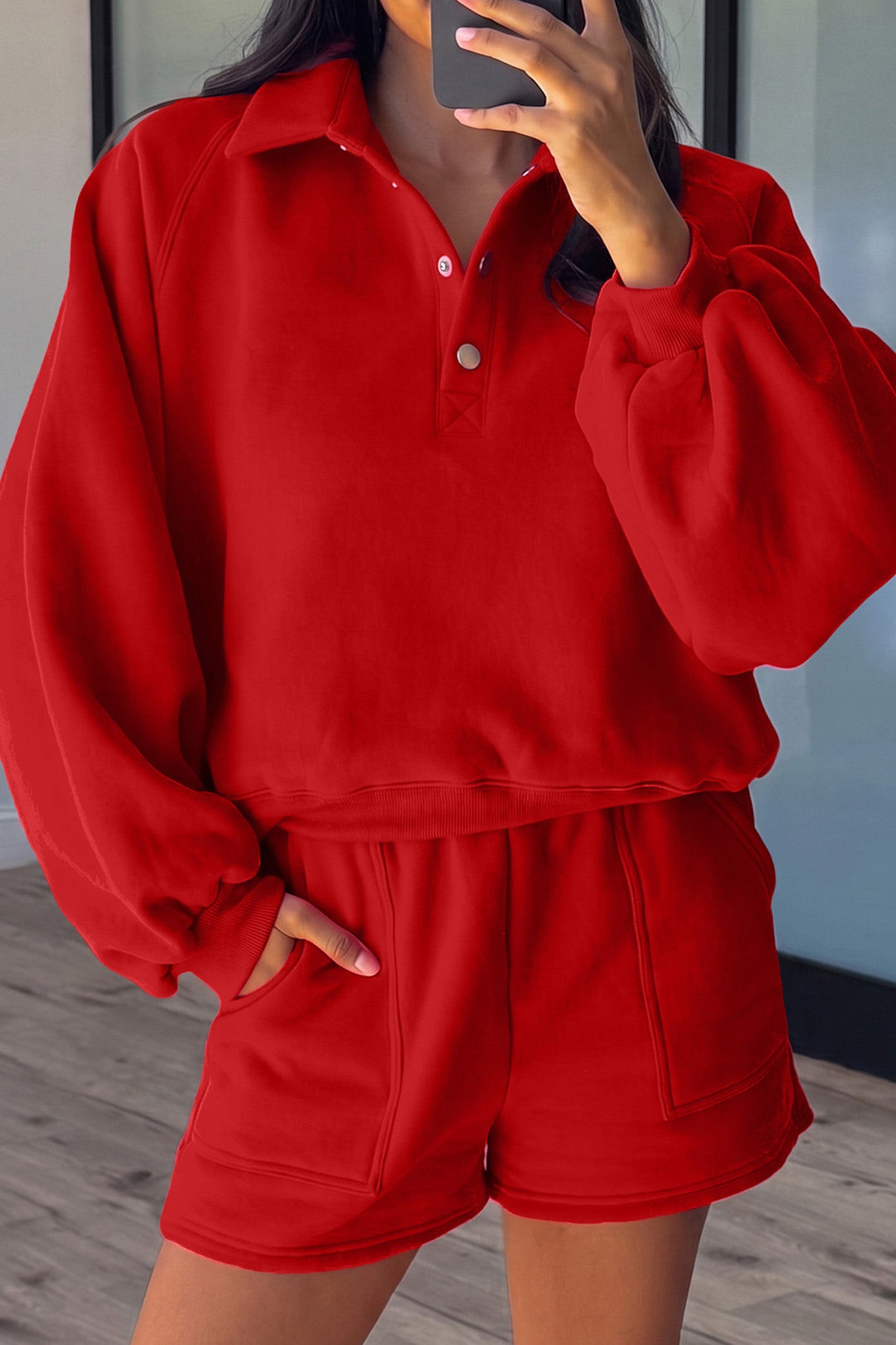 Fiery red half button puff sleeve pullover and shorts 2-piece set, front view