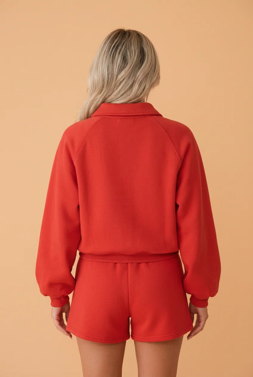 Fiery red half button puff sleeve pullover and shorts 2-piece set, back view