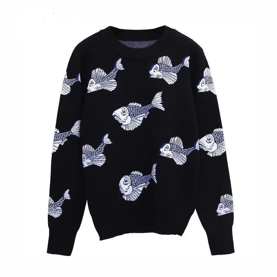 Fish Pattern Jacquard Wool Knit Sweater | Zarnesh
