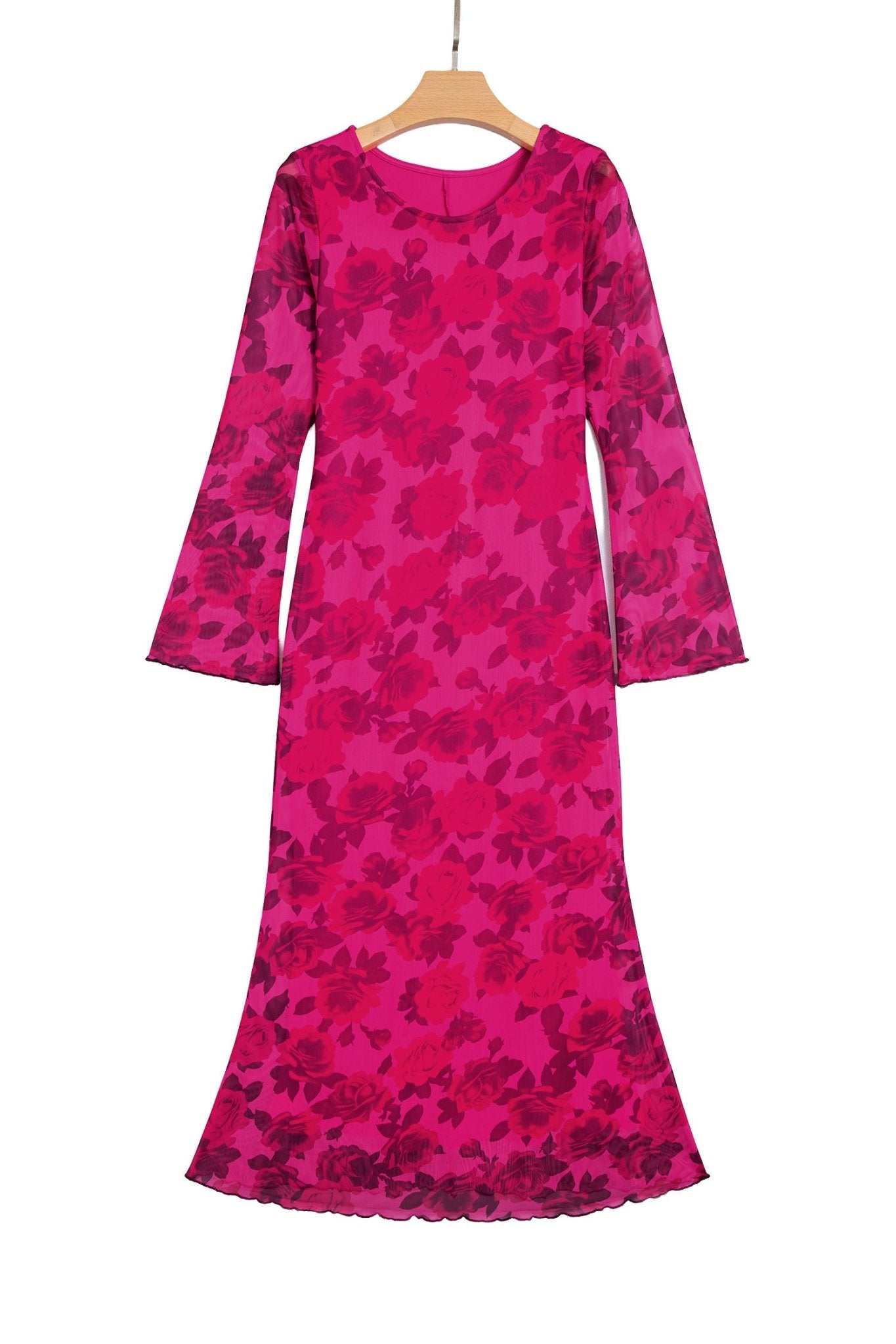 Magenta pink floral long-sleeved maxi dress on wooden hanger, white background.