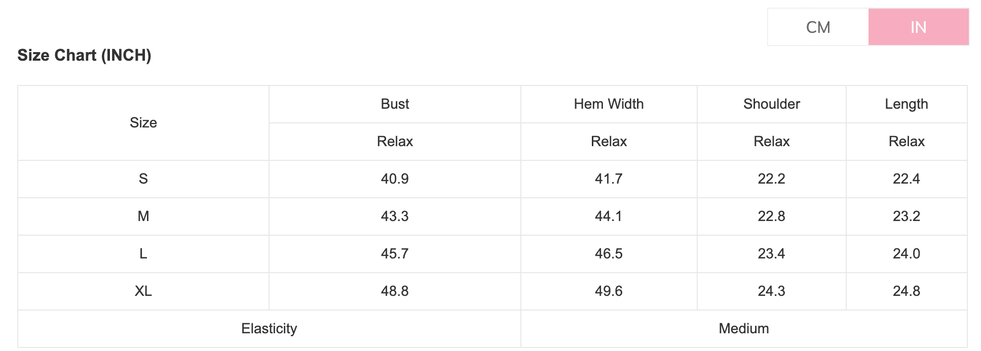 Size chart for clothing measurements in inches and centimeters