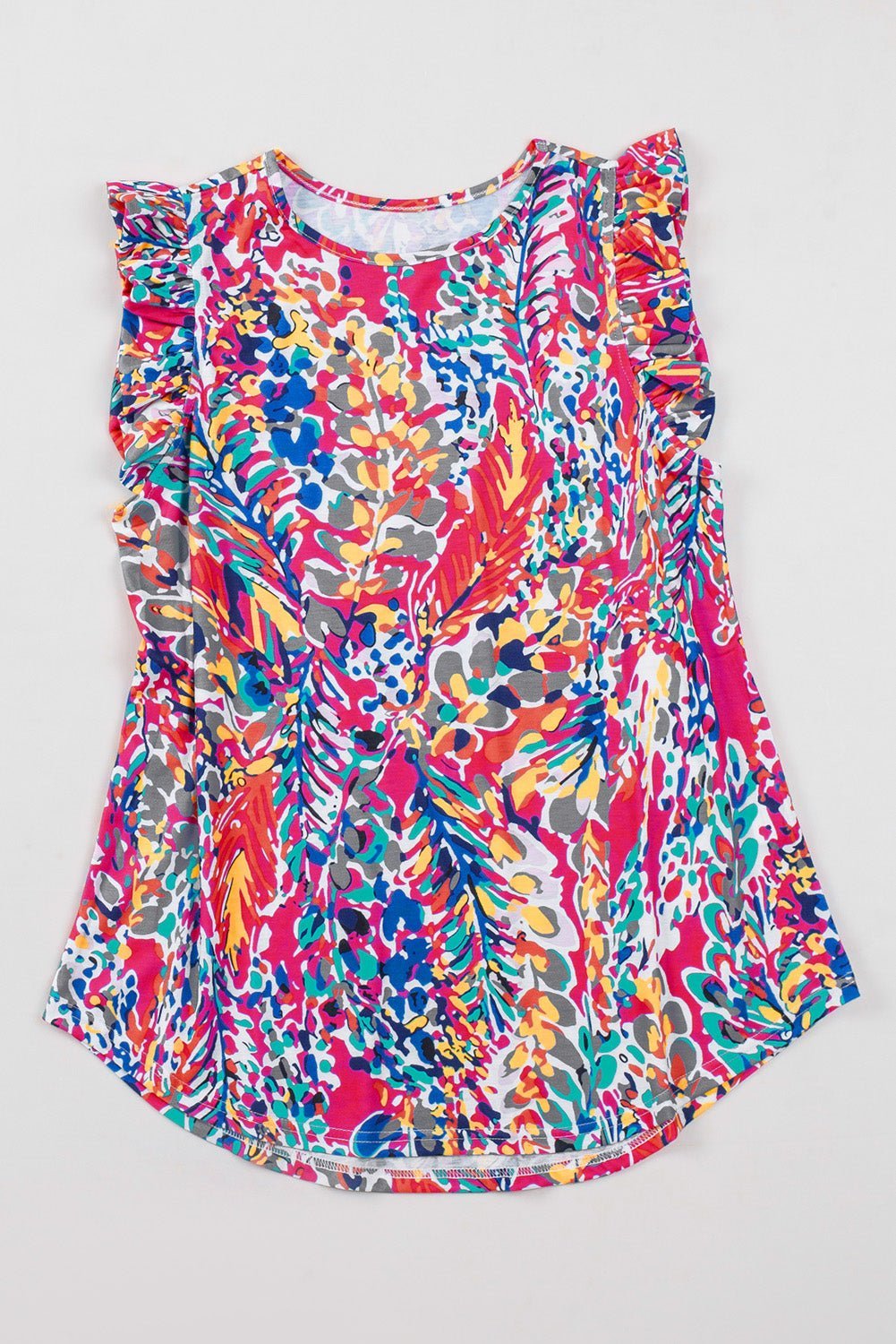 Colorful floral-patterned sleeveless top on a white background