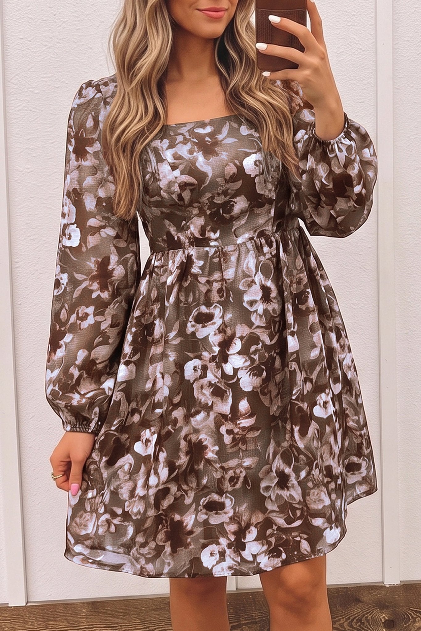 Floral Square Neck Balloon Sleeve Mini Dress | Zarnesh - Zarnesh - Dresses/Mini Dresses