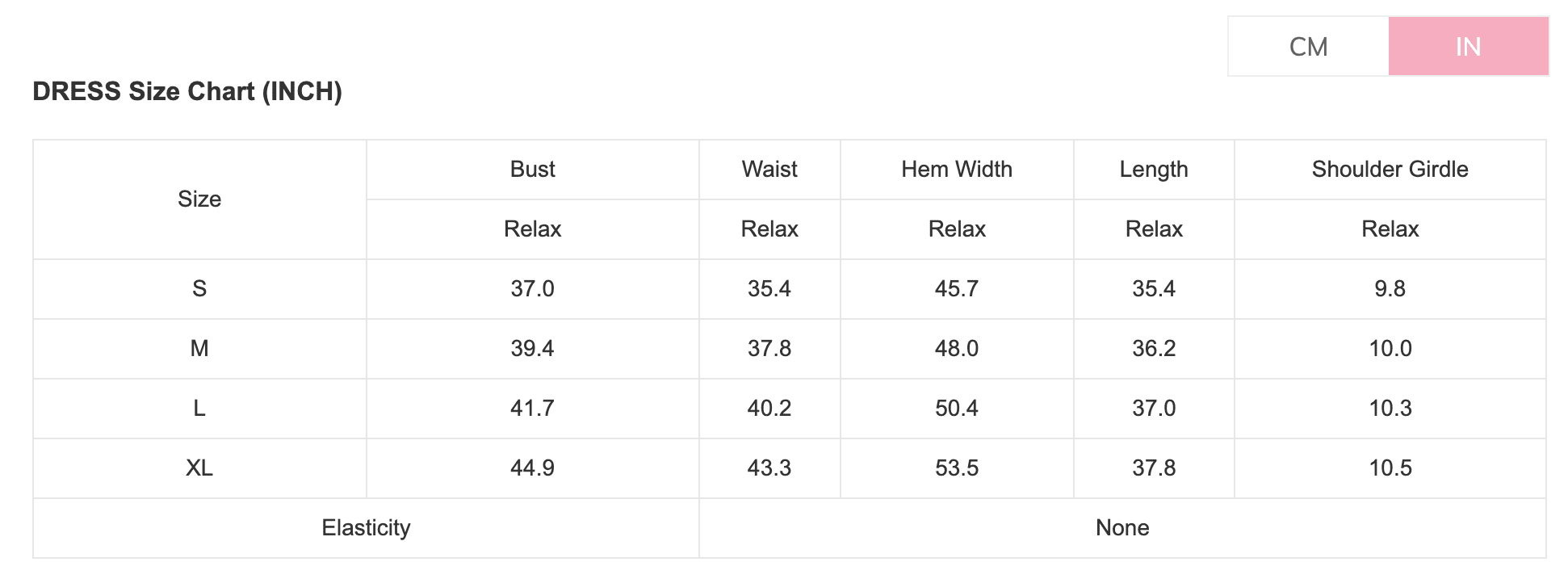 Dress size chart in inches with measurements for bust, waist, hem width, length, and shoulder girdle.