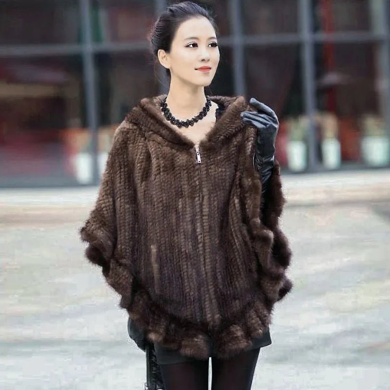 Front Zip Faux Knitted Mink Hooded Poncho | Zarnesh