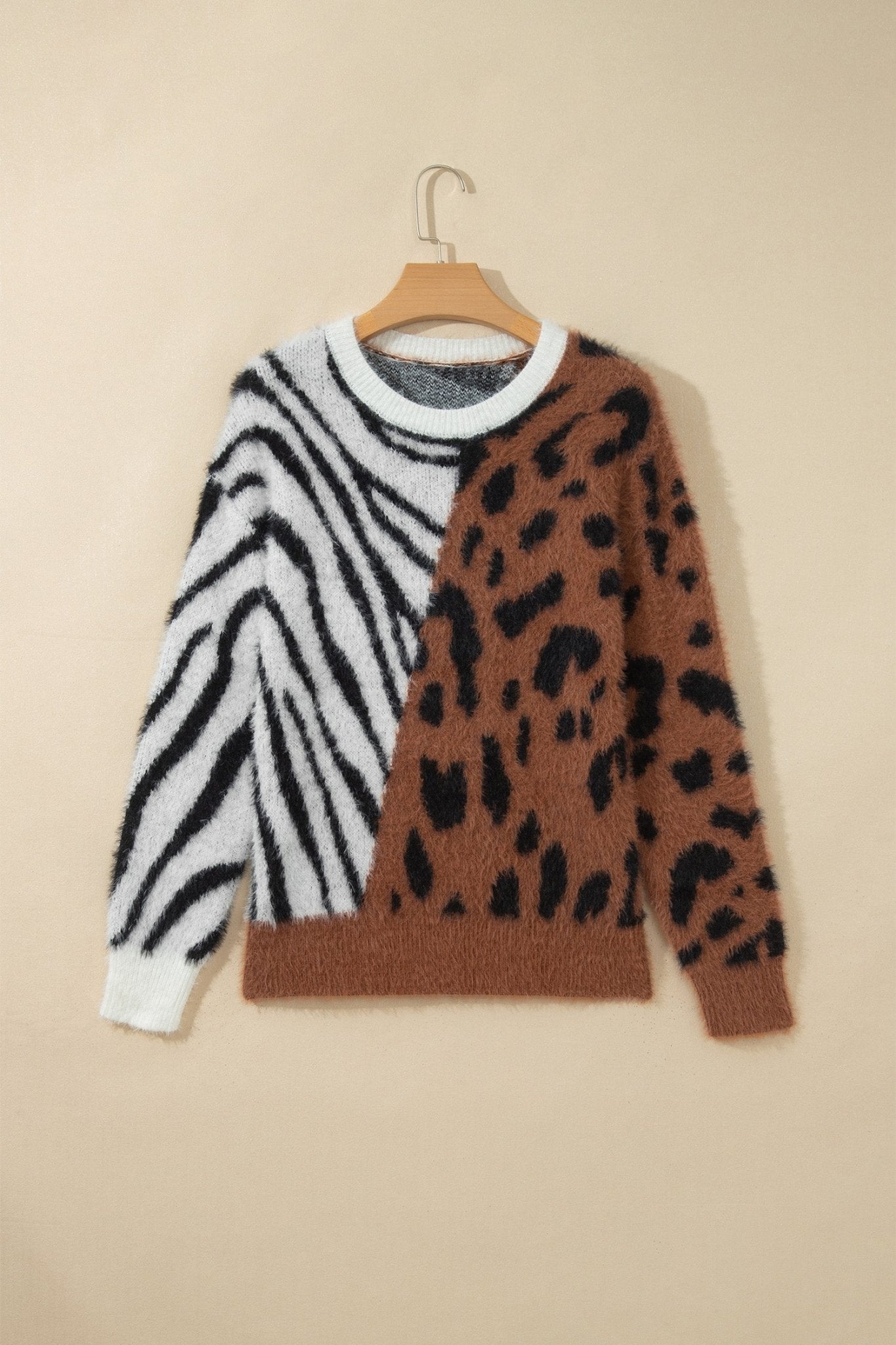 Fuzzy Colorblock Leopard Zebra Print Sweater | Zarnesh - Zarnesh