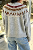 Back view of person in gray Fair Isle sweater with brown-burgundy yoke and blue jeans.