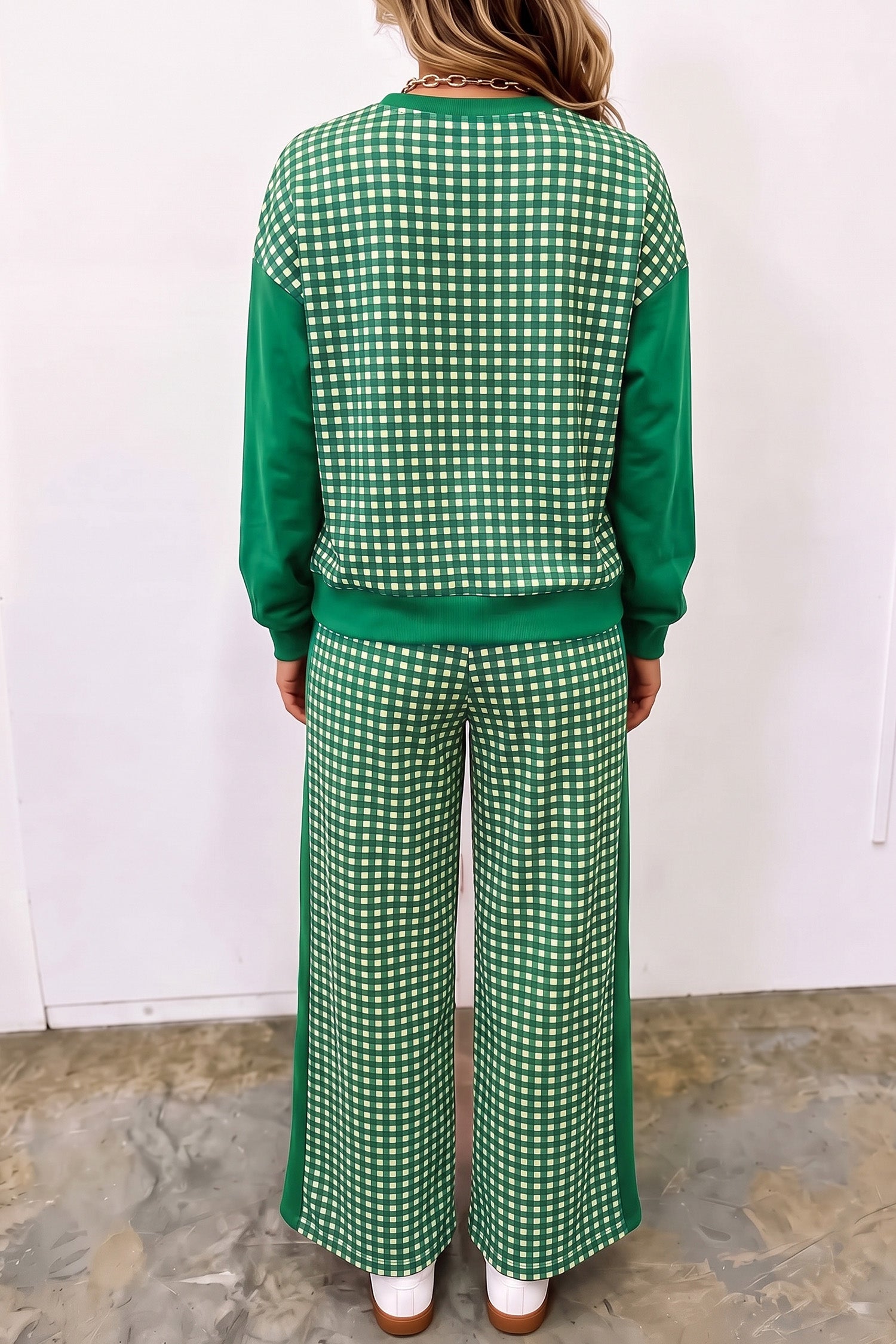 Green gingham pullover and wide leg pants set, back view