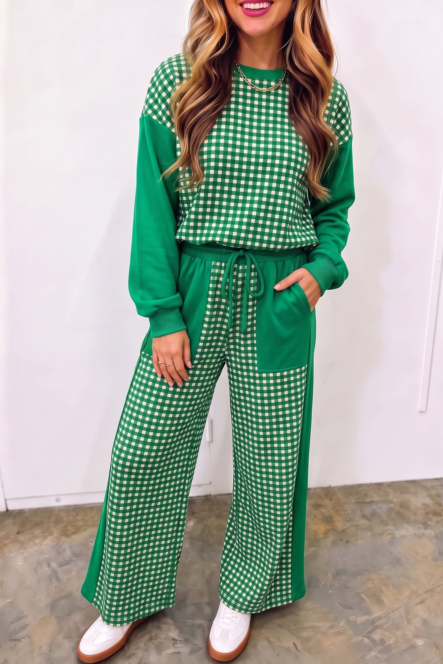 Women's green gingham color block pullover and wide leg pants set, front view