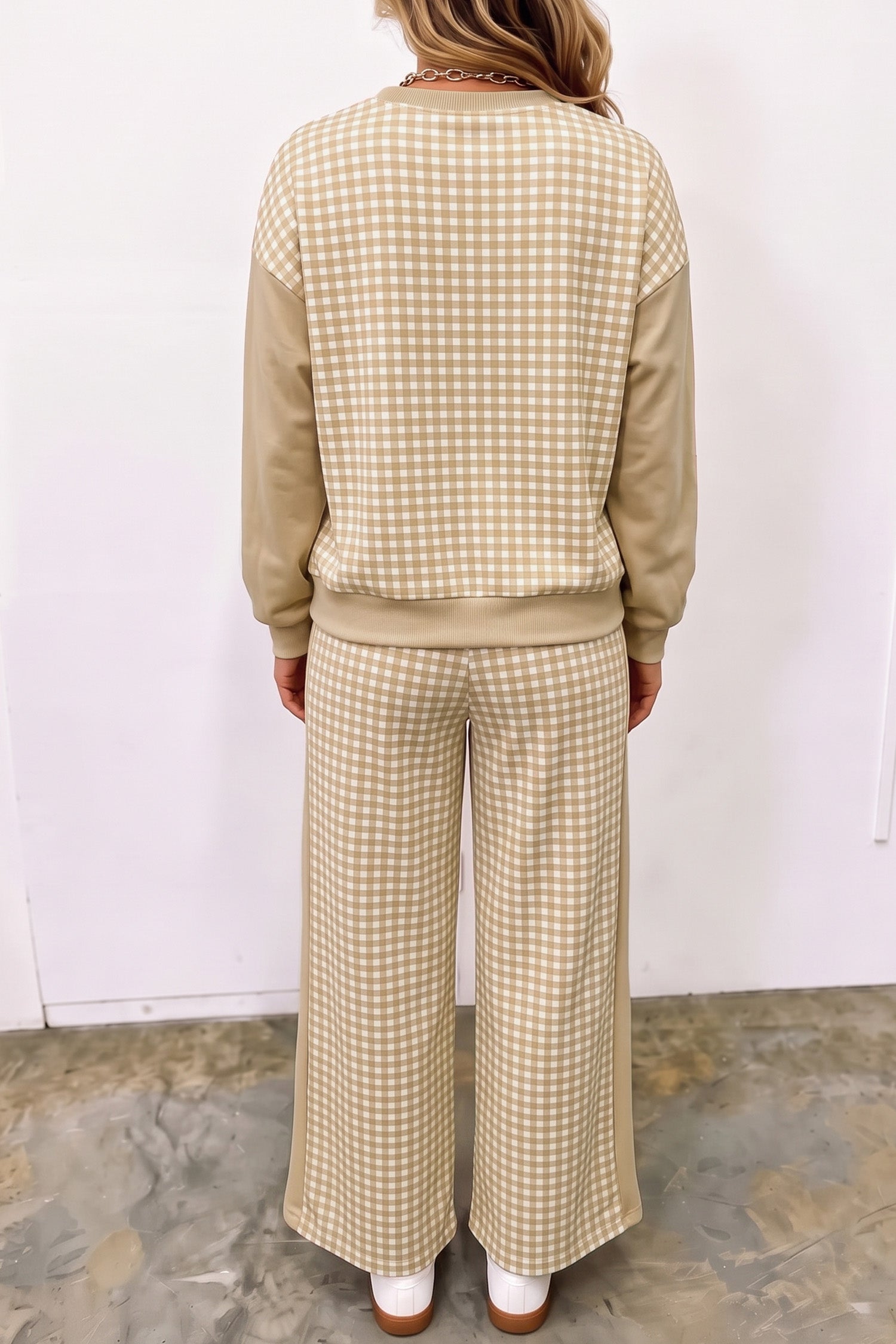 Khaki gingham pullover and wide leg pants set, back view