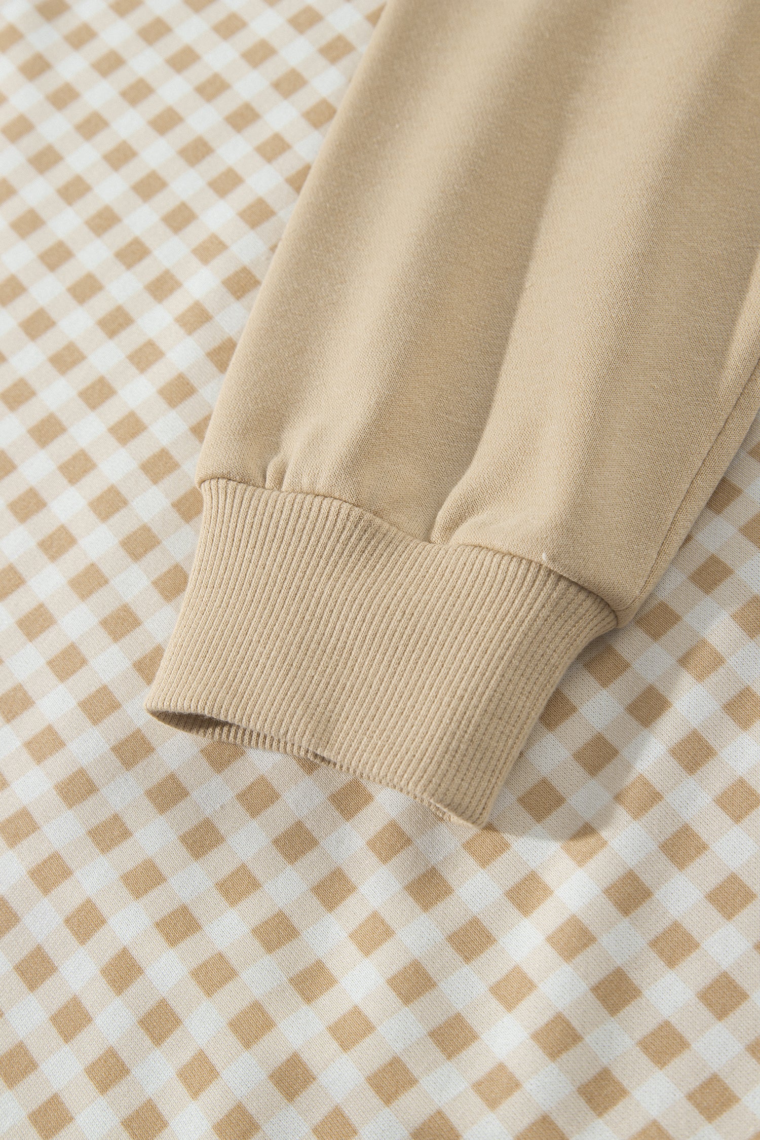 Khaki gingham pullover solid ribbed cuff detail