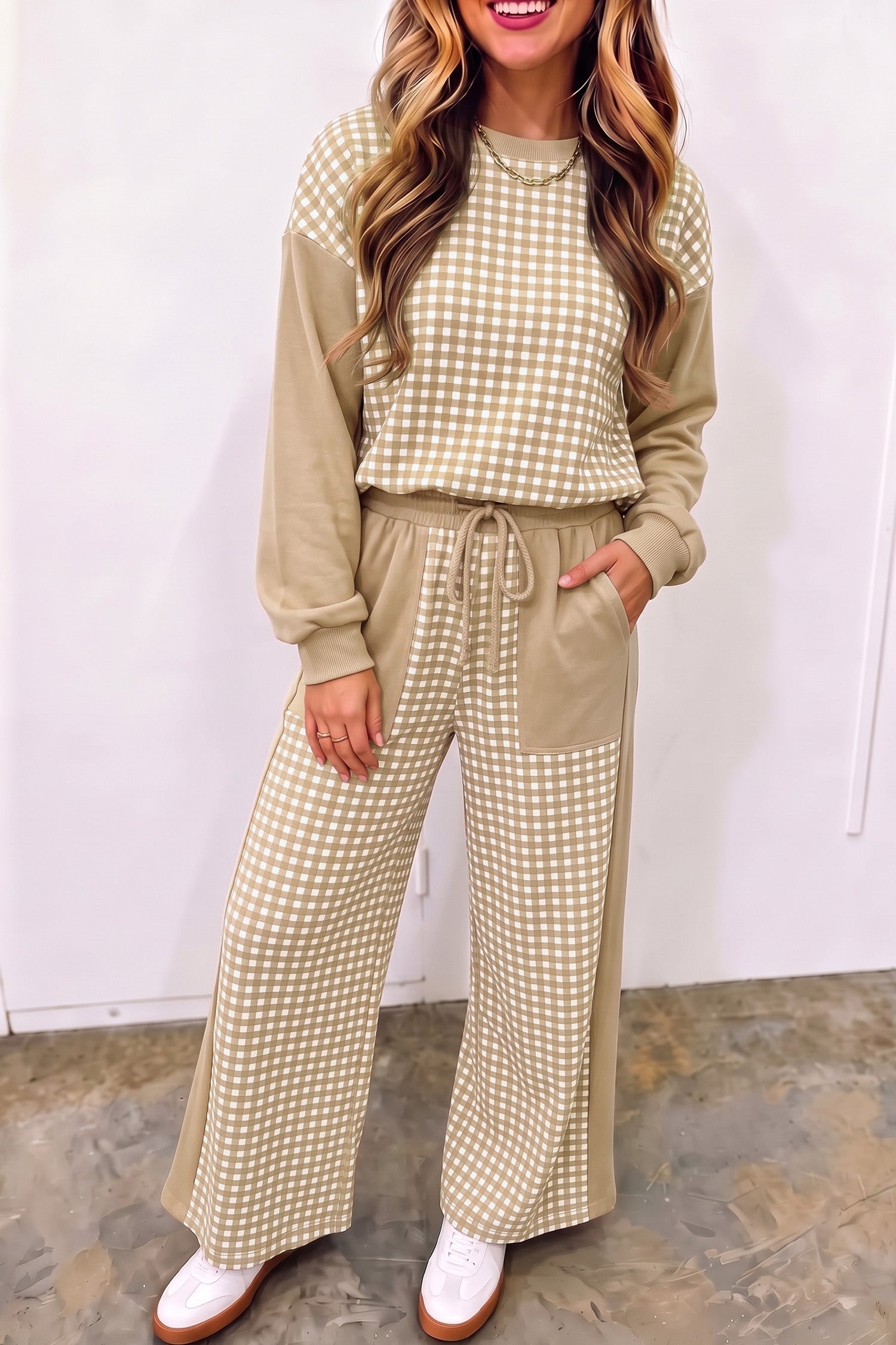 Women's khaki gingham color block pullover and wide leg pants set, front view