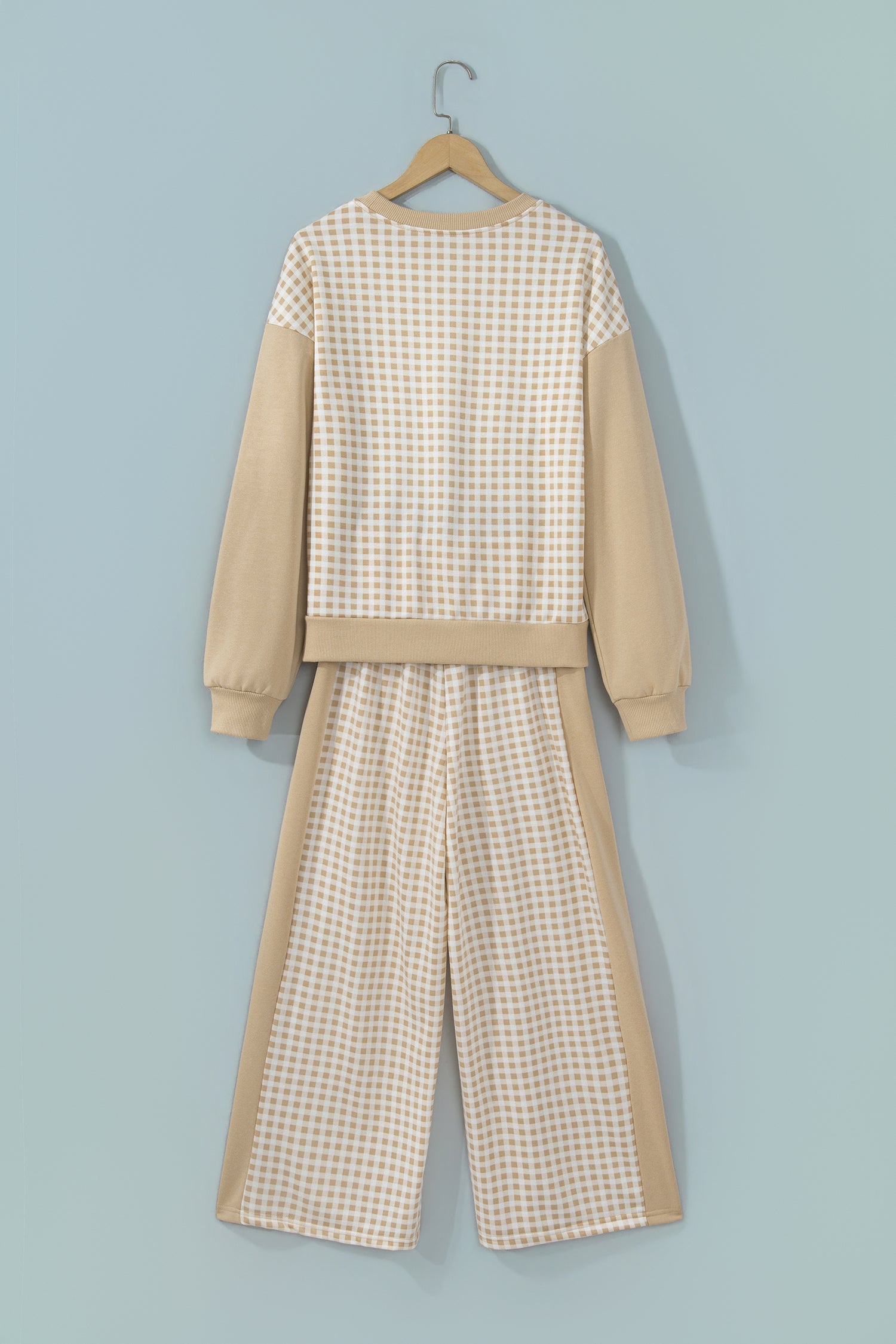 Khaki gingham color block set on a hanger, back view