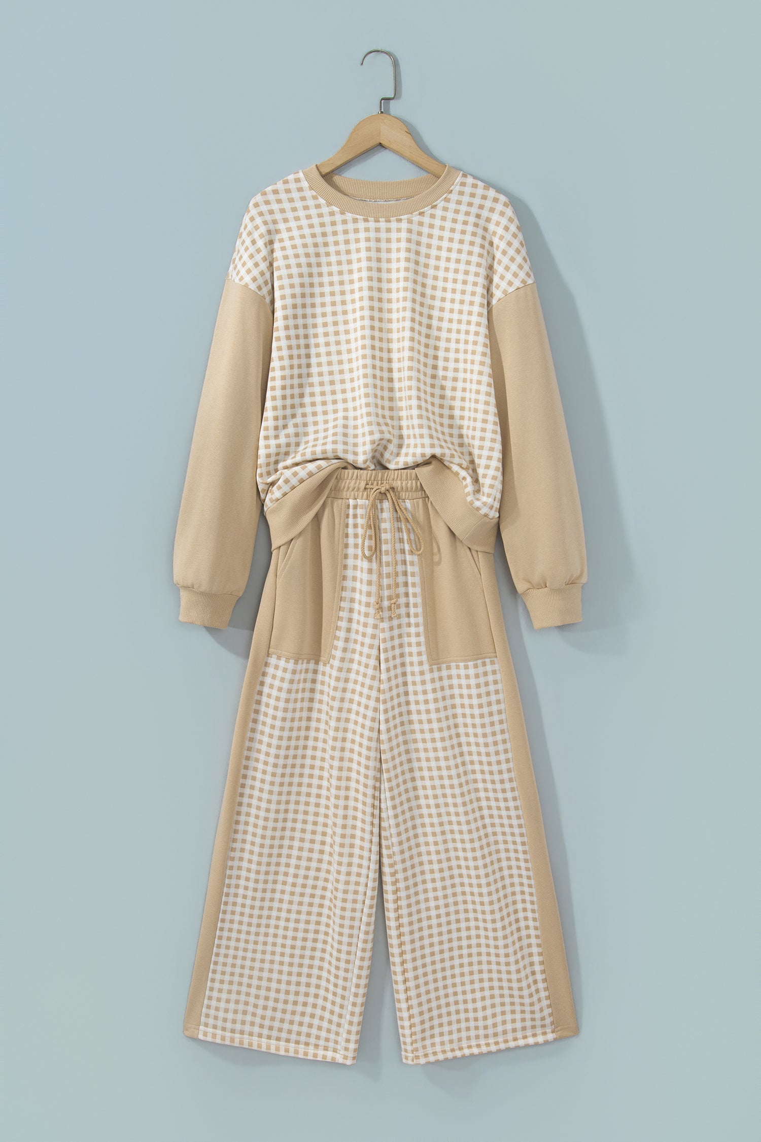 Khaki gingham color block set on a hanger, front view