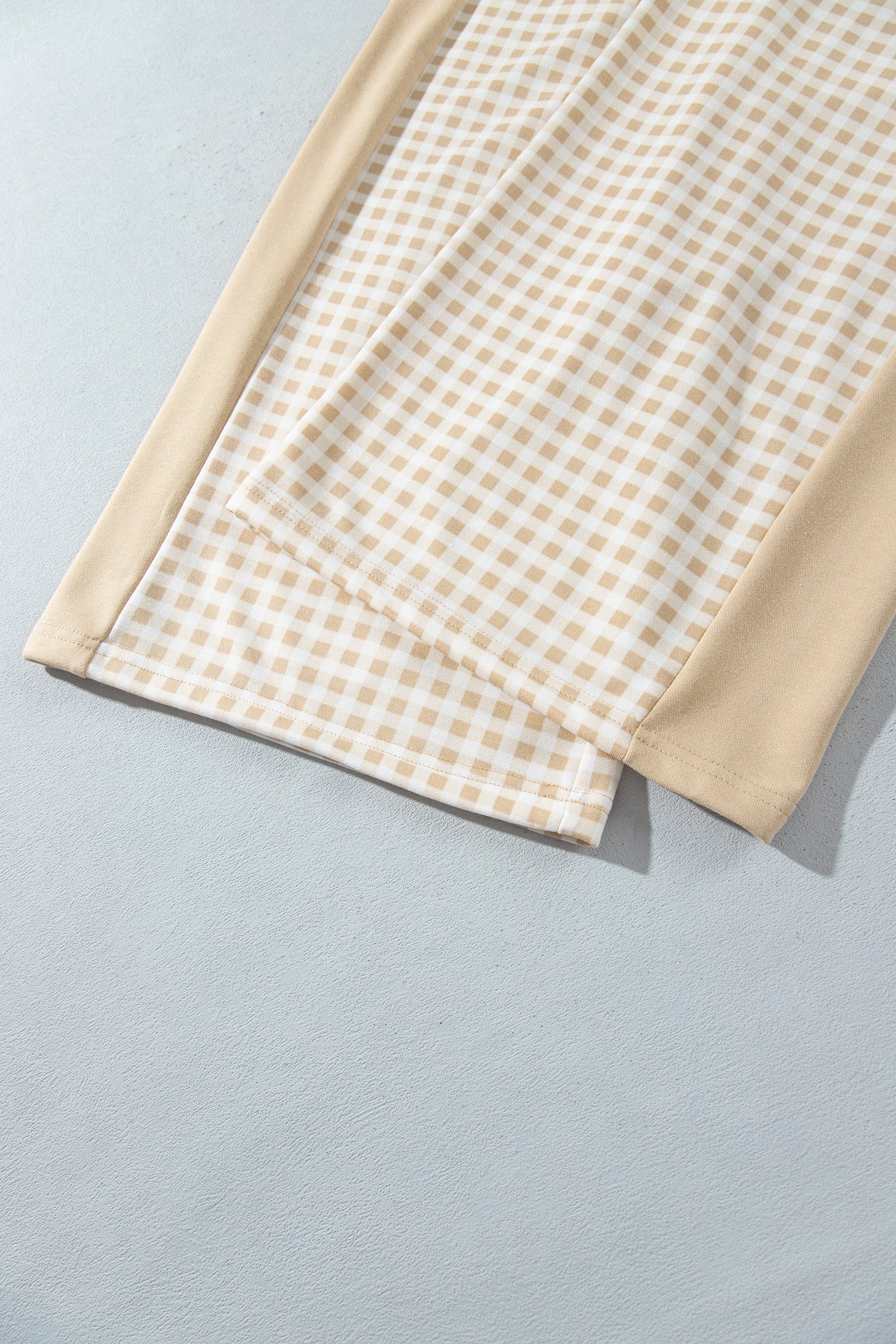 Khaki gingham wide leg pants hem and side panel detail