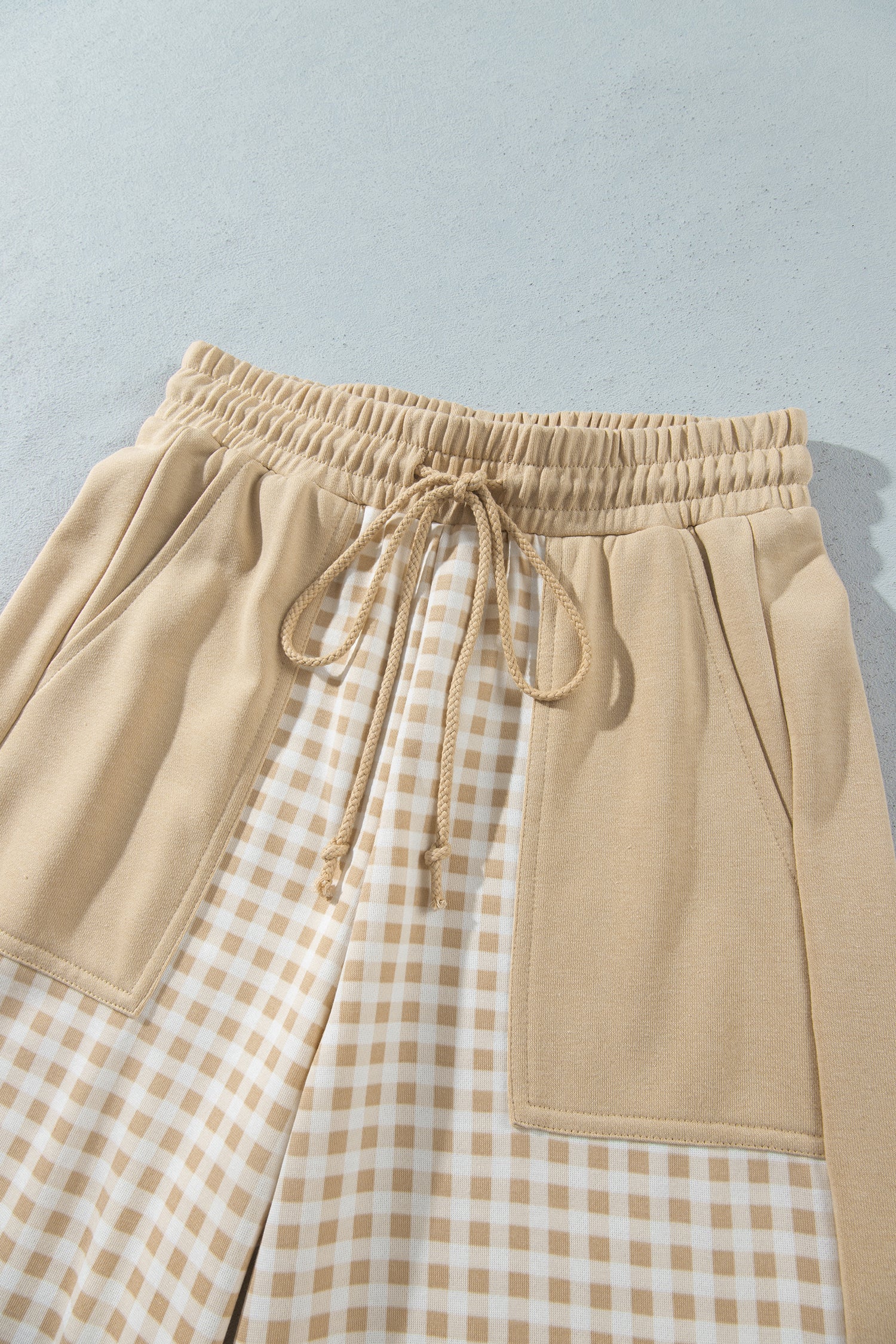 Khaki gingham pants elastic drawstring waistband detail