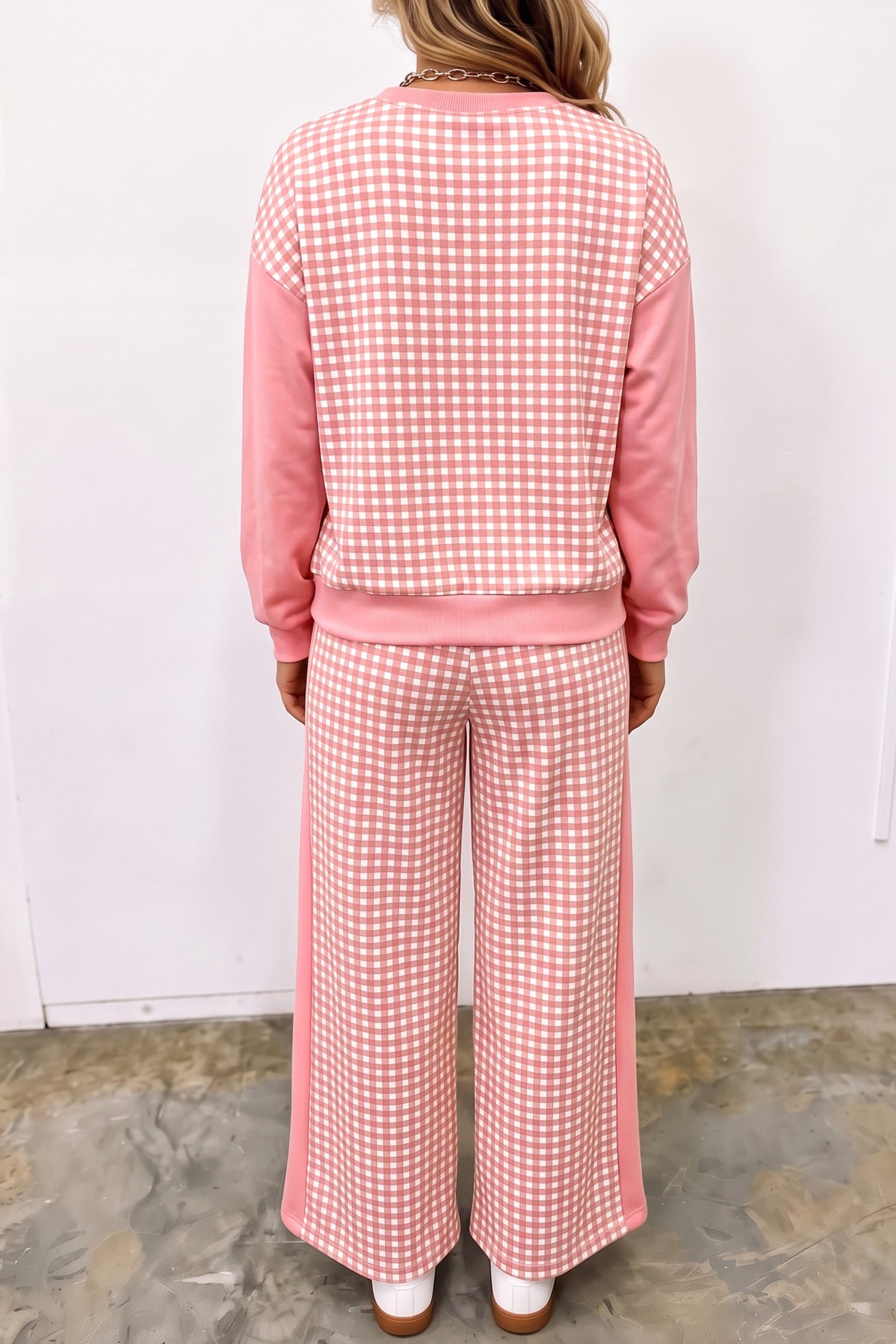 Pink gingham pullover and wide leg pants set, back view