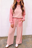 Women's pink gingham color block pullover and wide leg pants set, front view