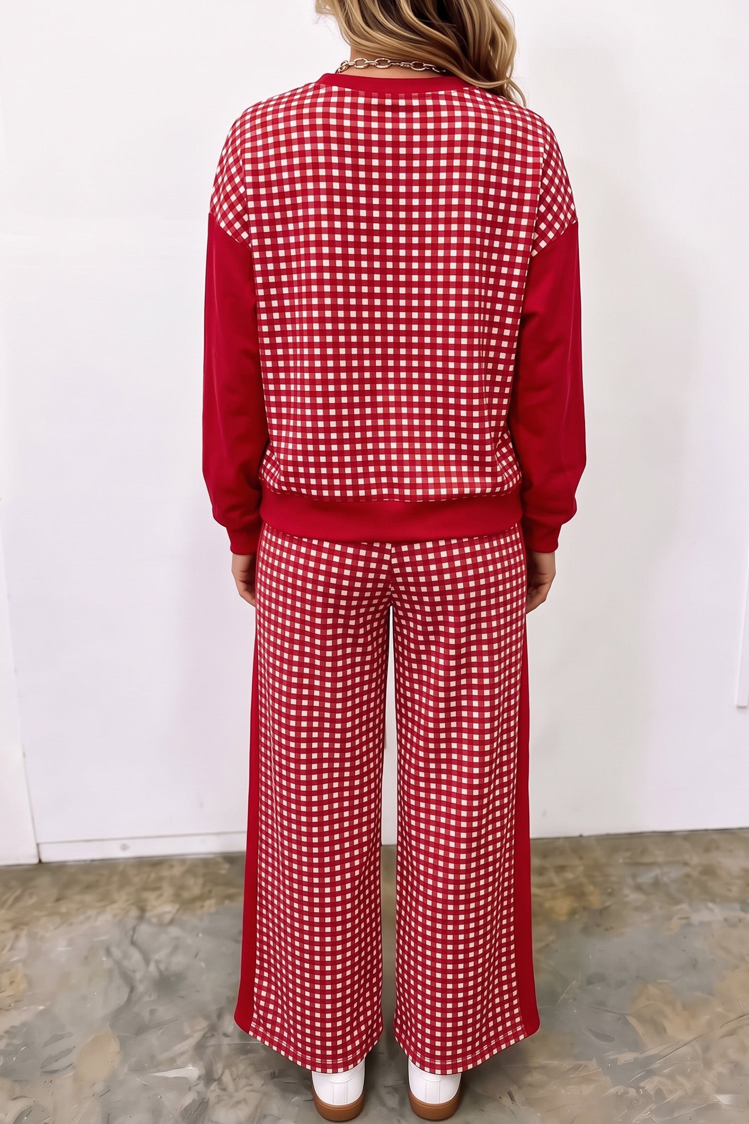 Red gingham pullover and wide leg pants set, back view