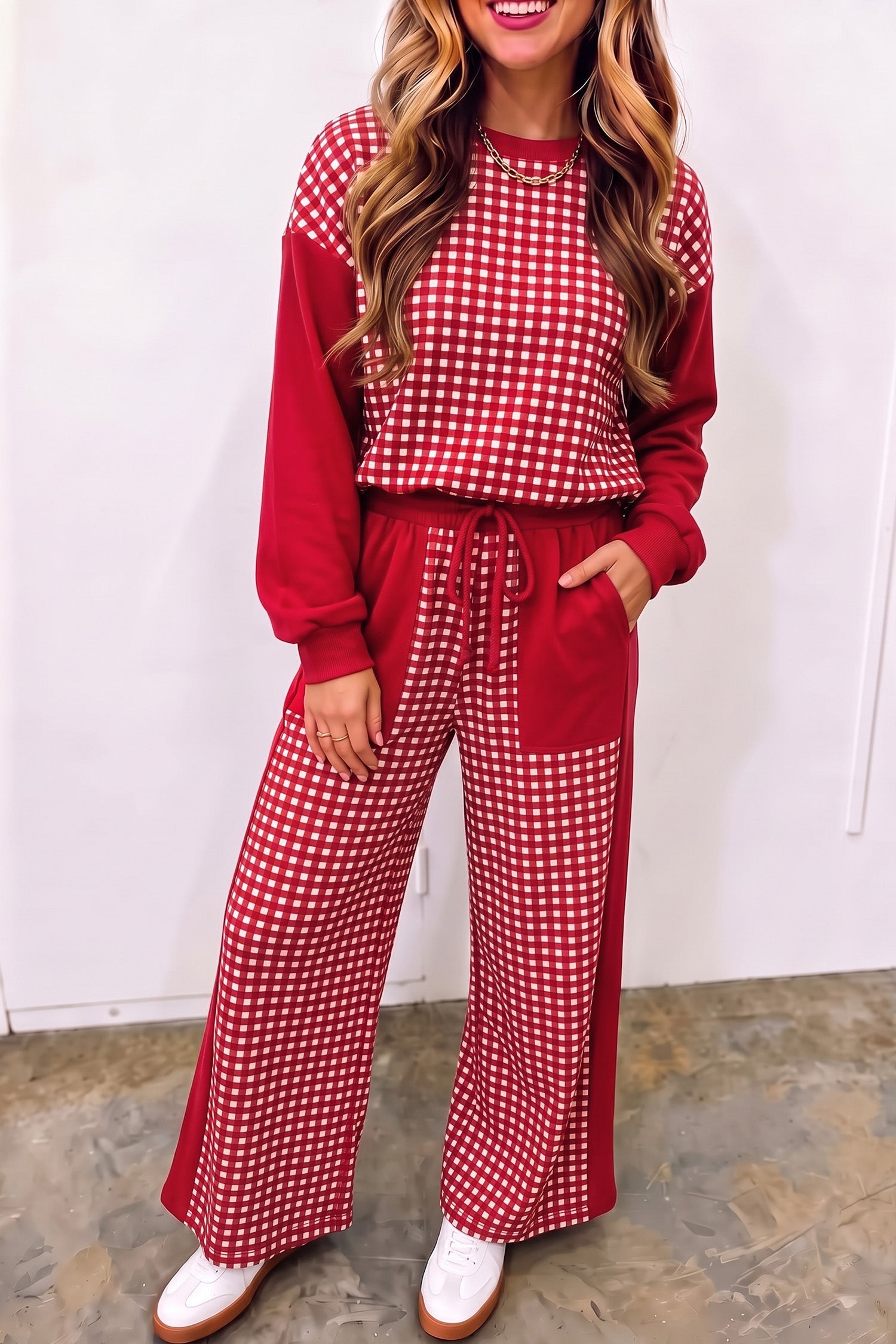 Women's red gingham color block pullover and wide leg pants set, front view