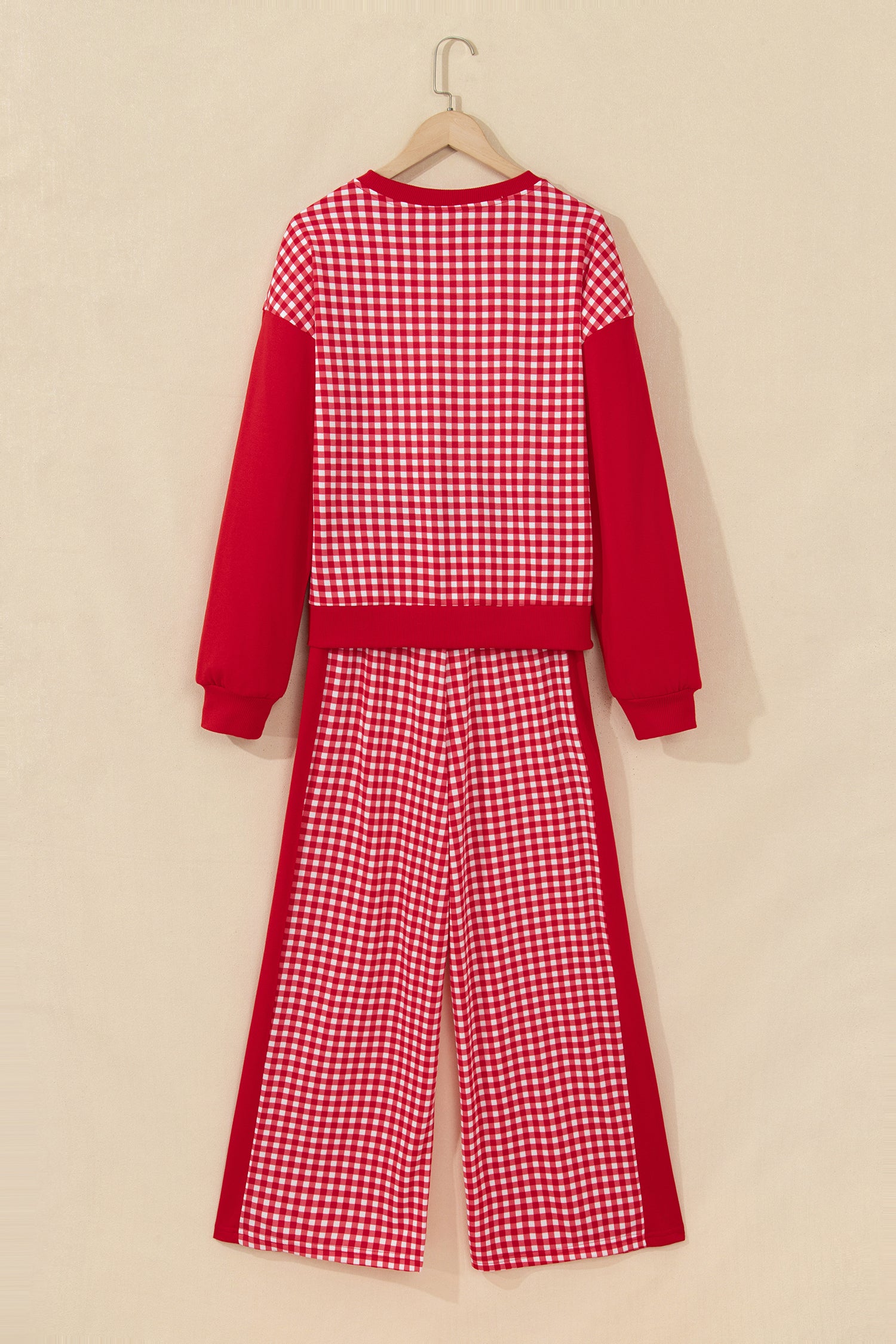 Red gingham color block set on a hanger, back view