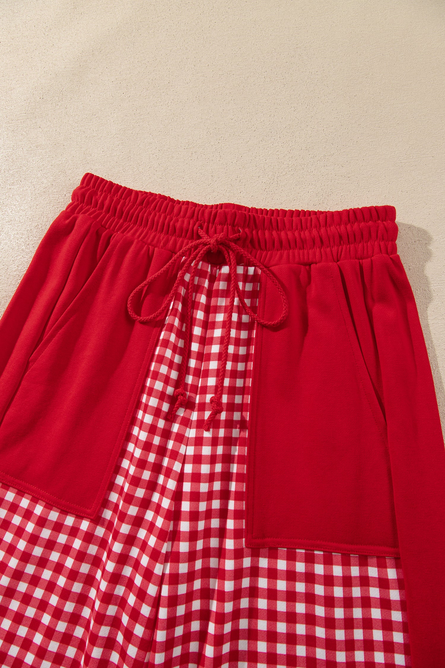 Red gingham pants elastic drawstring waistband detail