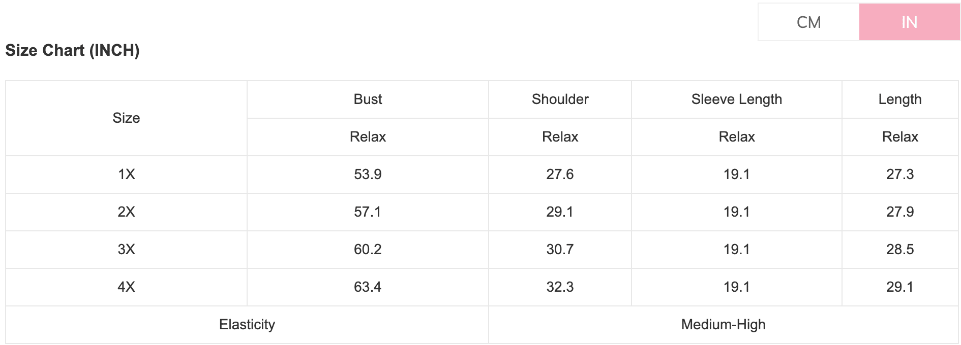 Size chart for clothing measurements in inches and centimeters