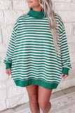 Green and white striped mock neck oversized tunic sweatshirt, front view