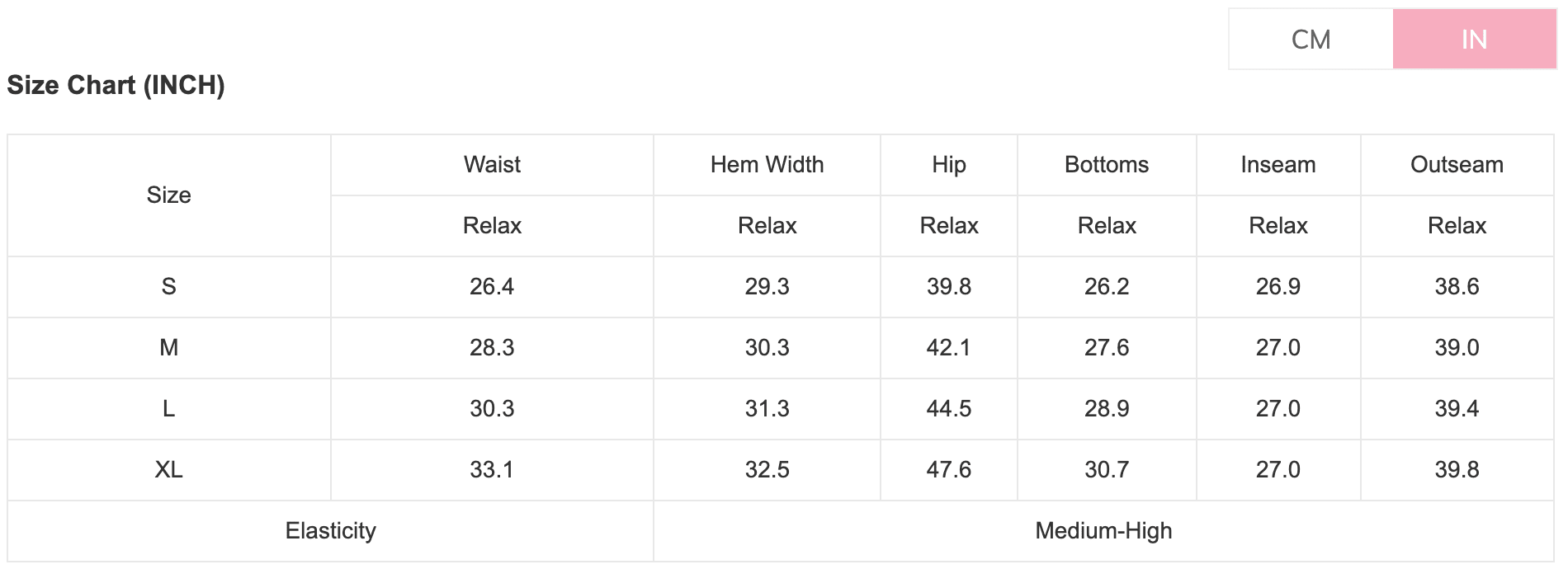 Size chart for clothing measurements in inches with a focus on waist, hem width, hip, bottom length, inseam, and outseam.