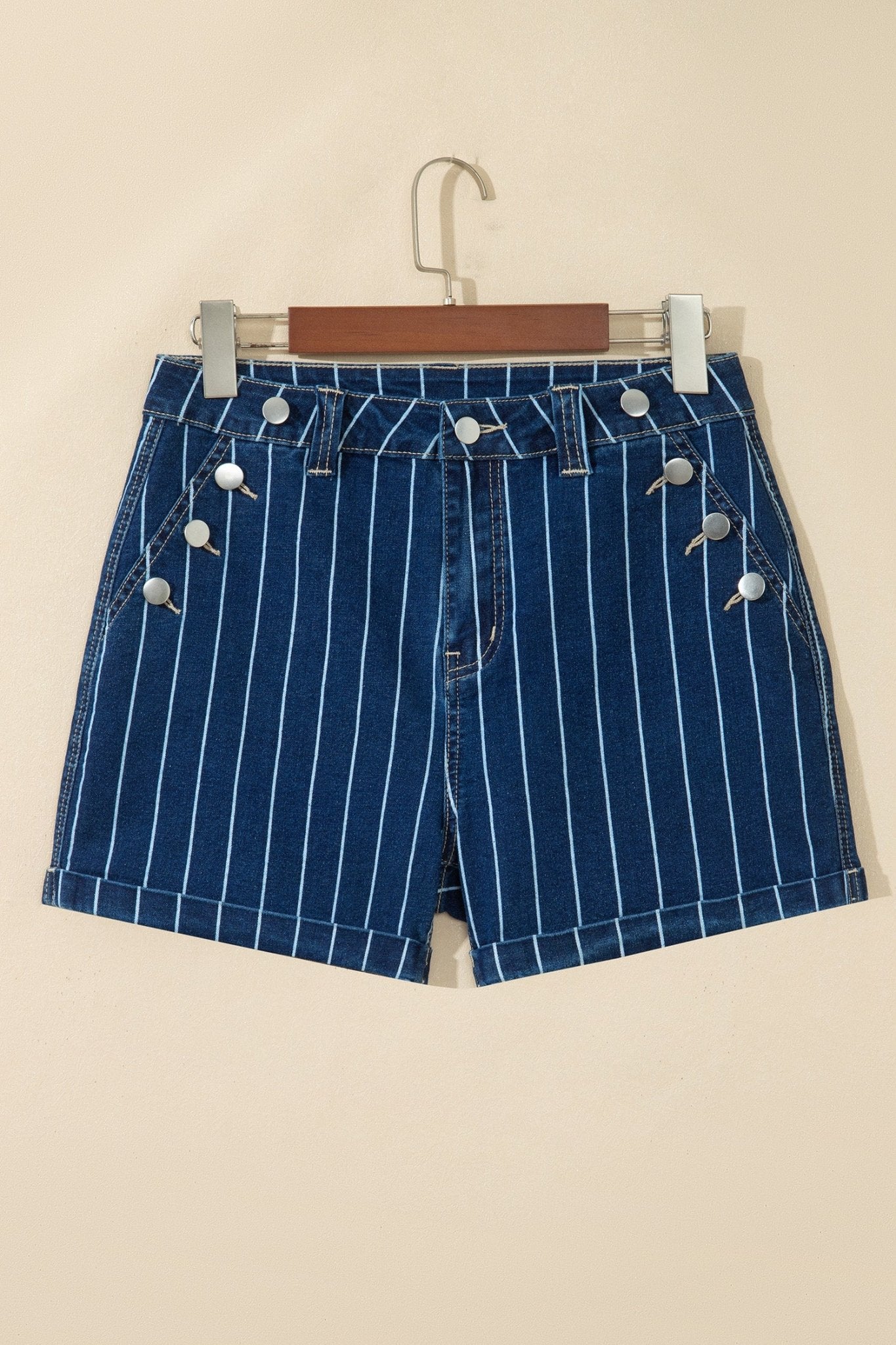 High Waisted Pinstripe Cuffed Denim Shorts | Zarnesh