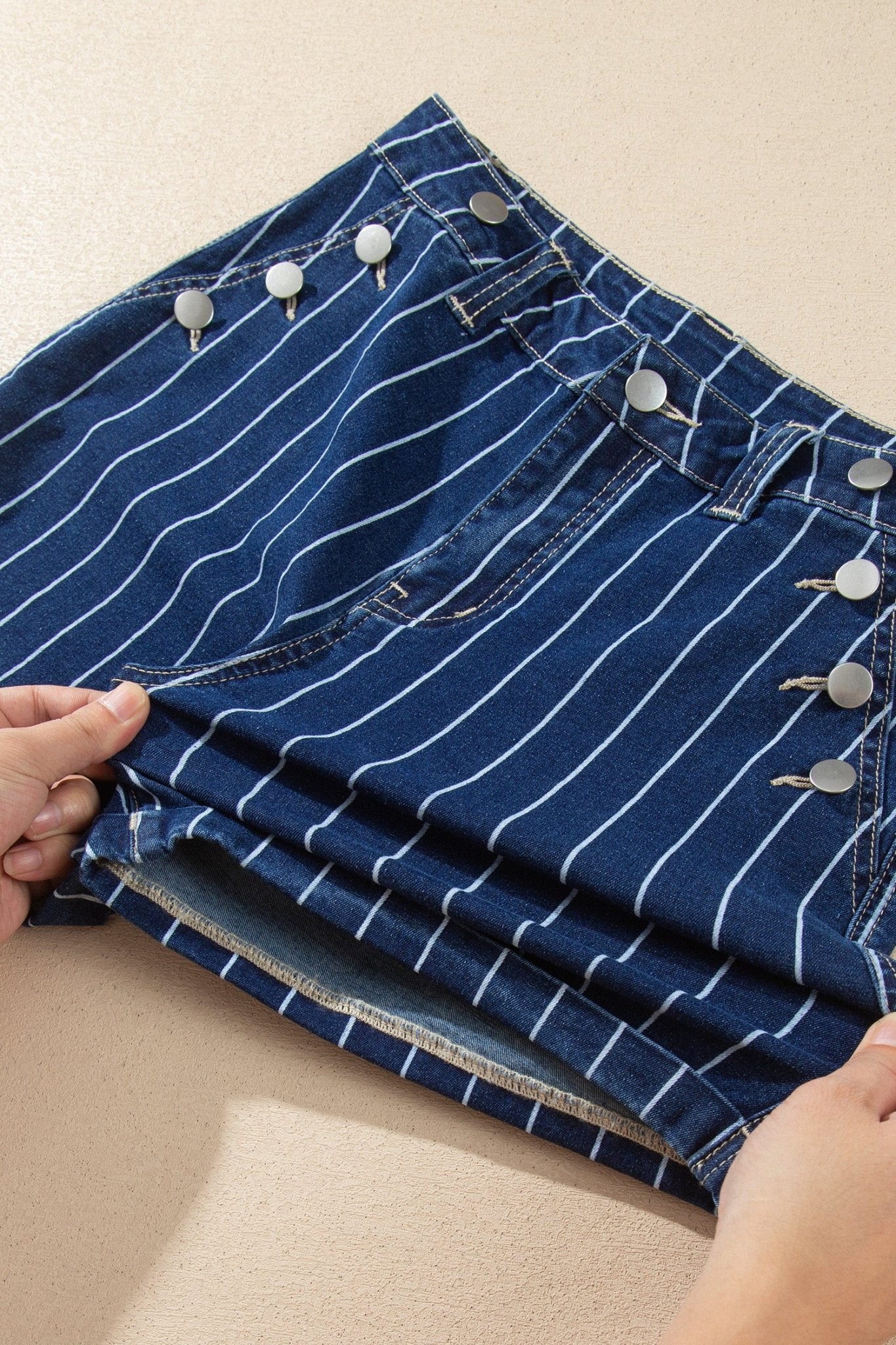 High Waisted Pinstripe Cuffed Denim Shorts | Zarnesh