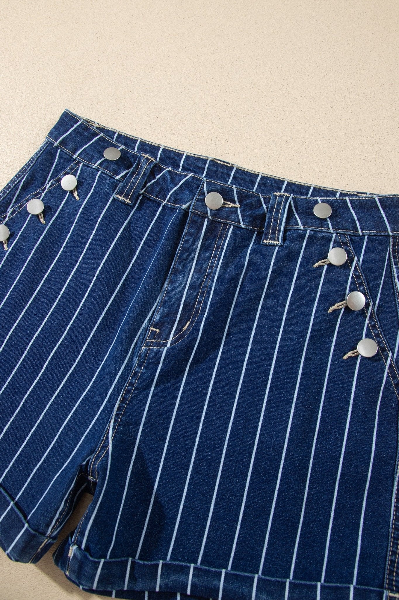 High Waisted Pinstripe Cuffed Denim Shorts | Zarnesh