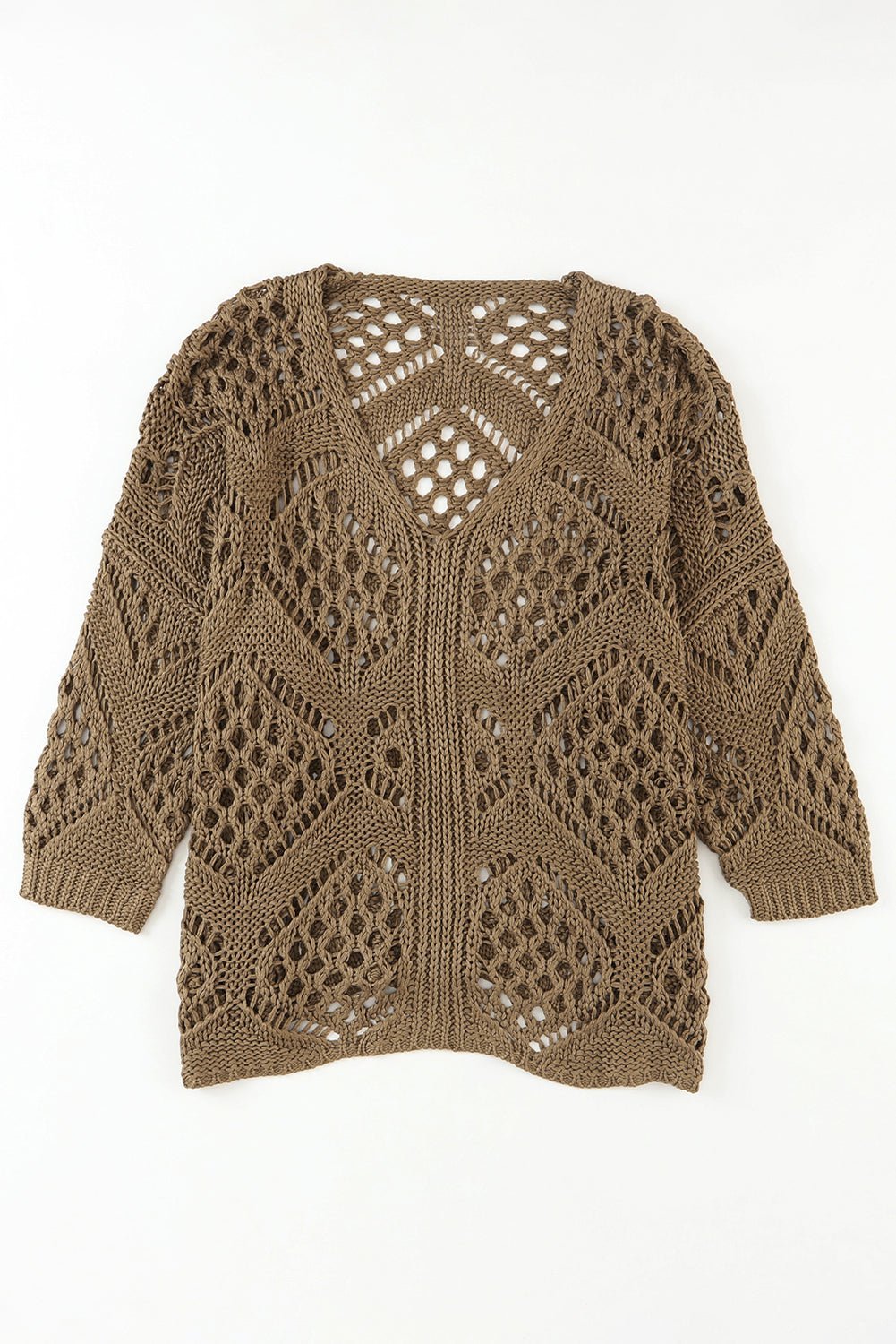 Brown knitted sweater with a lace-like pattern on a white background