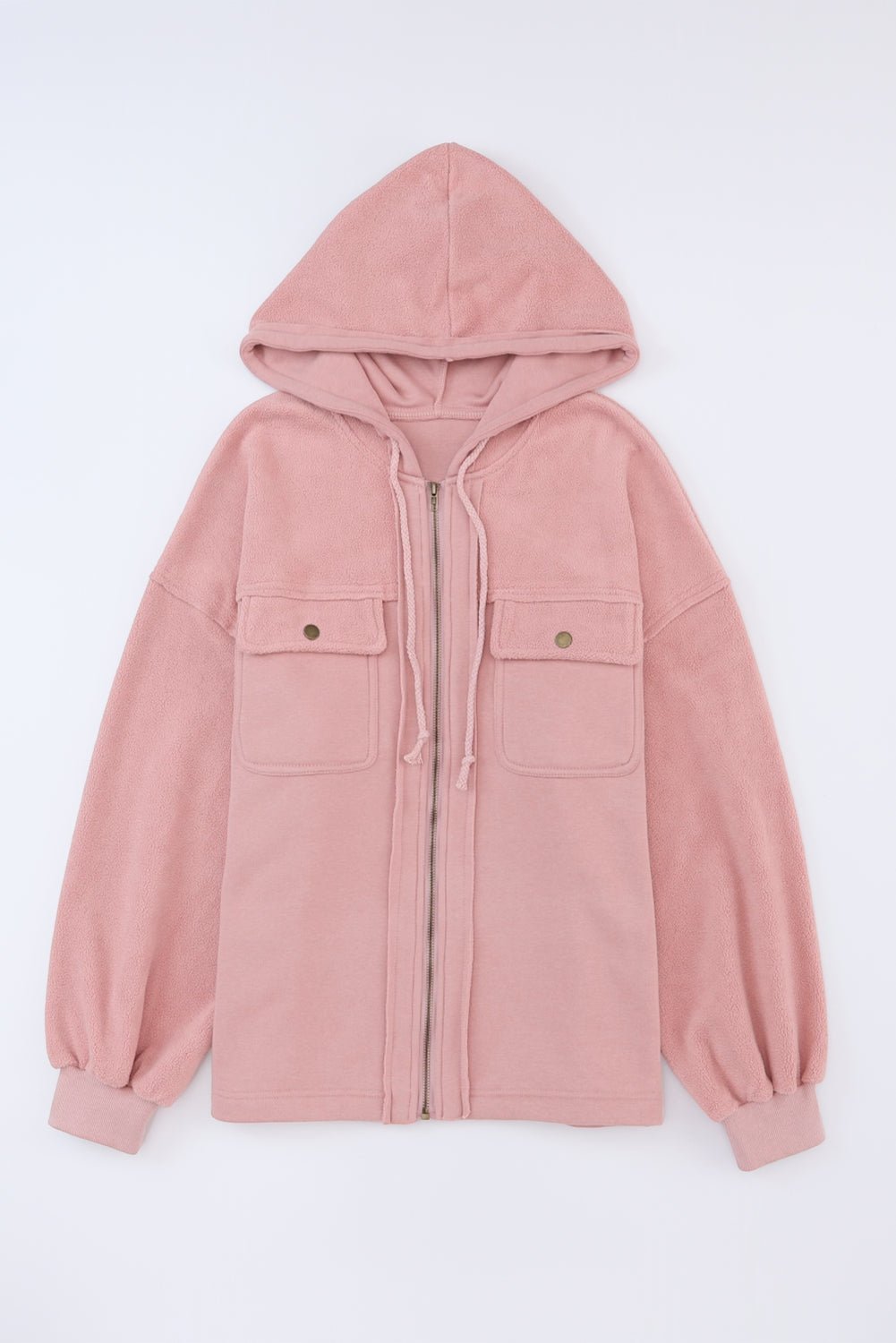 Pink hoodie with a zipper on a white background
