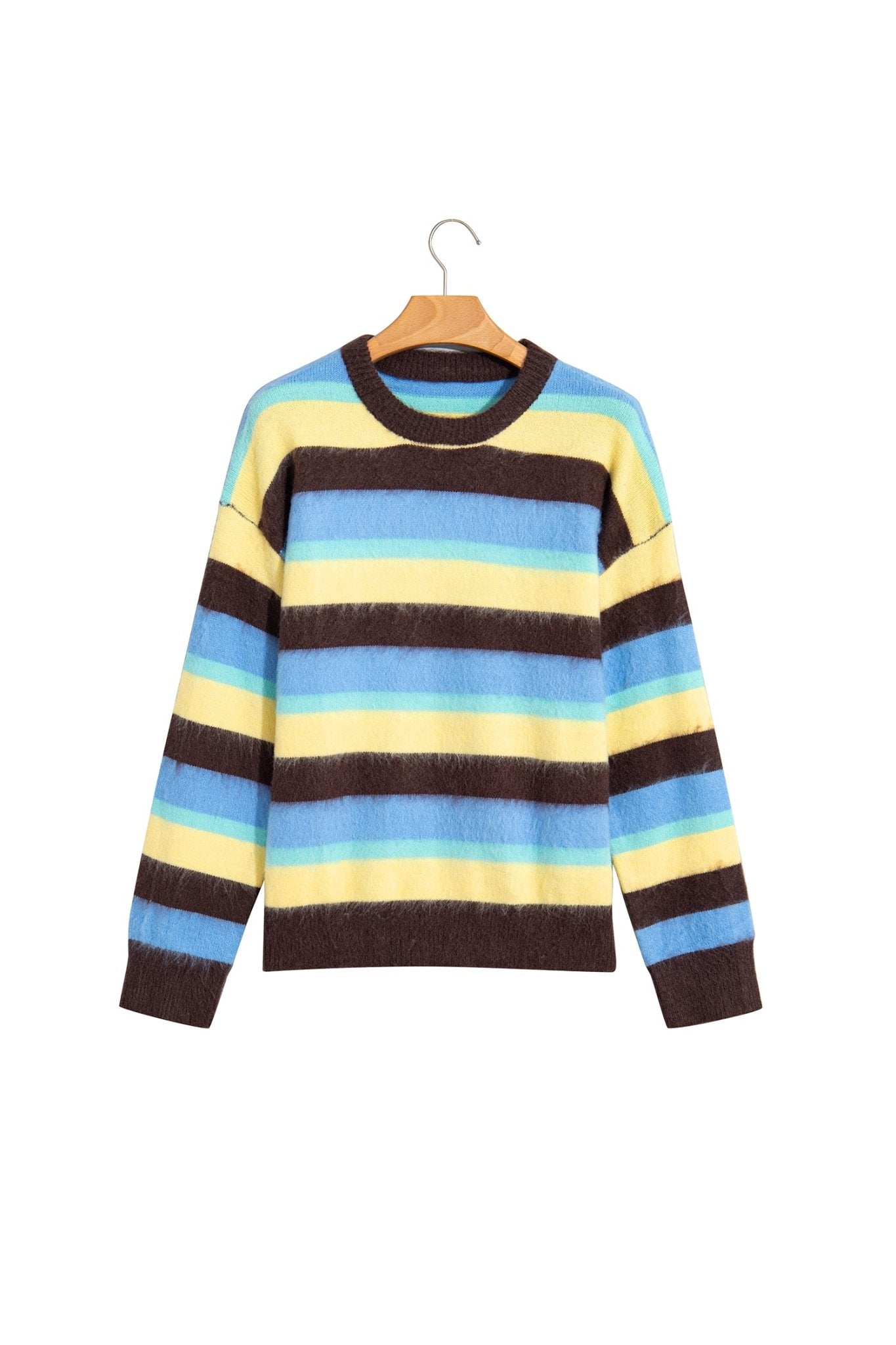 A striped crewneck sweater with horizontal bands of dark brown, light blue, yellow, and light blue