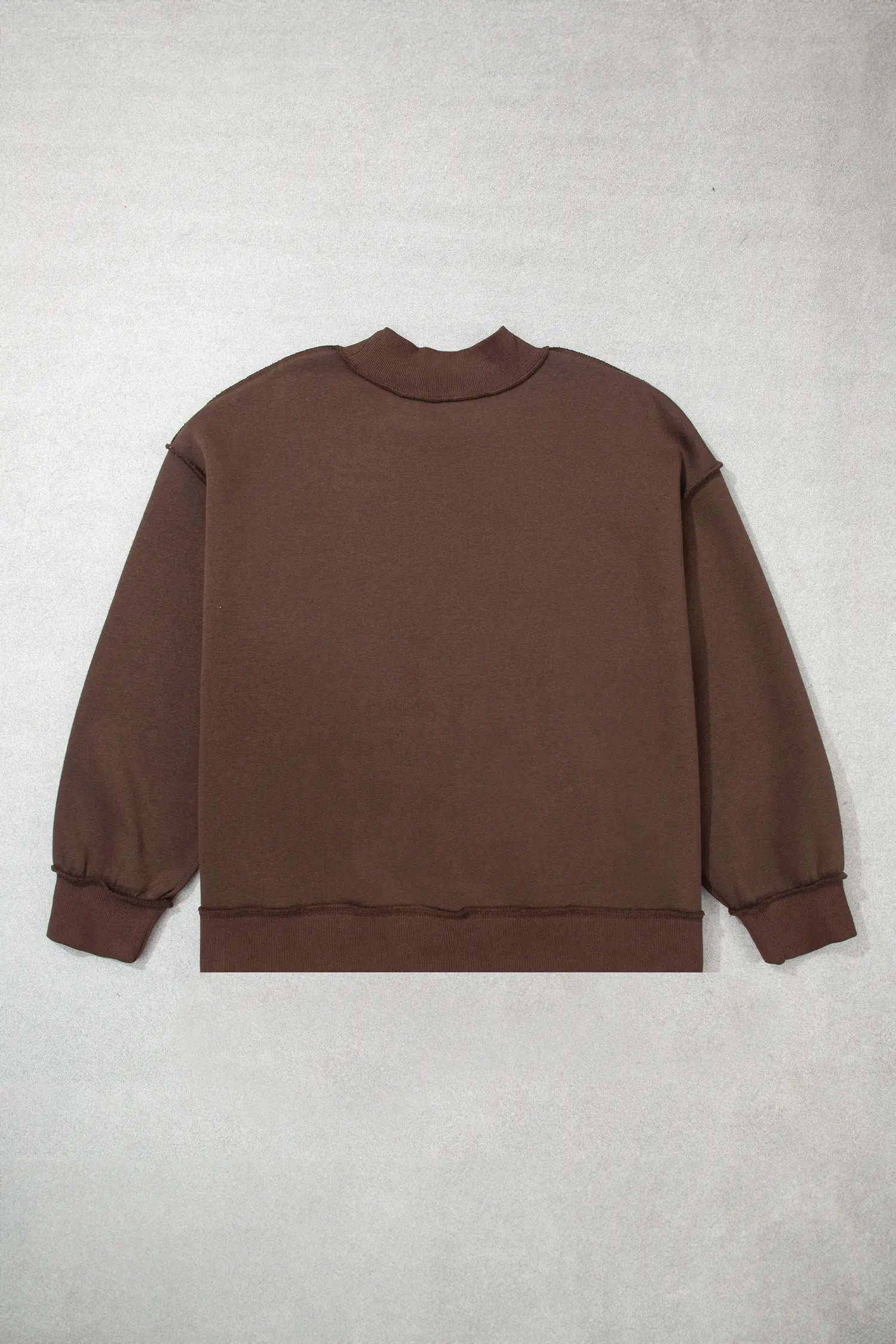Coffee oversized mock neck sweatshirt laid flat, back view
