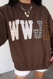 Woman in coffee WWJD patchwork letter sweatshirt with white denim shorts
