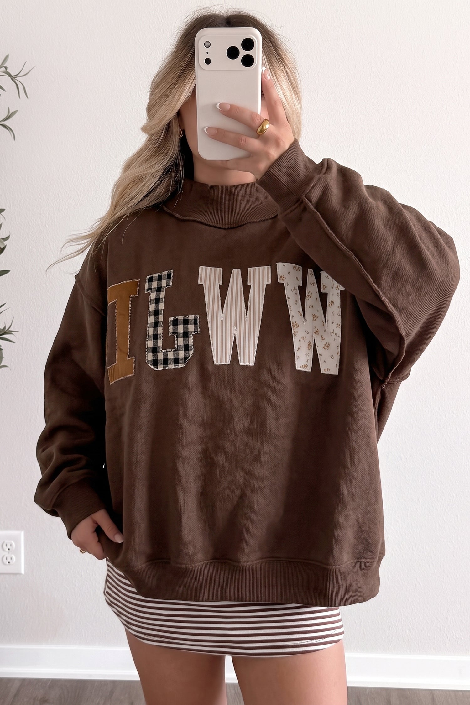 Mirror selfie in coffee WWJD patchwork letter mock neck sweatshirt