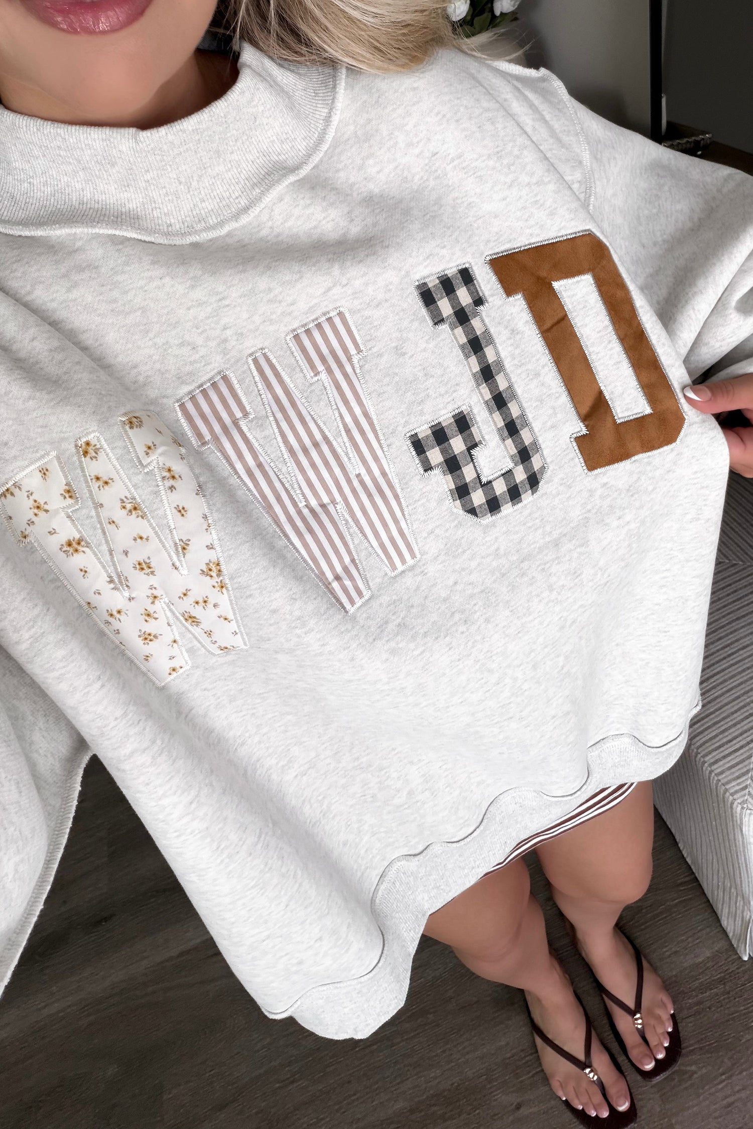 Gray WWJD patchwork letter oversized sweatshirt, side view